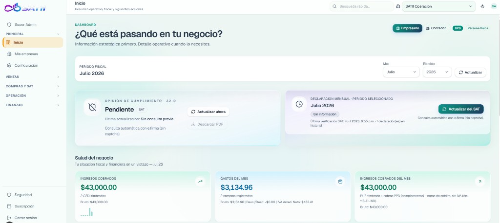 SATII — Dashboard operativo con salud del negocio y cumplimiento fiscal